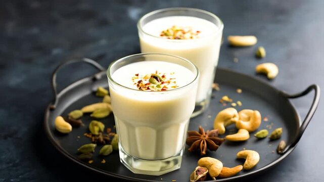 Creamy white drink in glasses garnished with nuts and spices on a tray