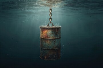A rusty barrel is floating in the ocean