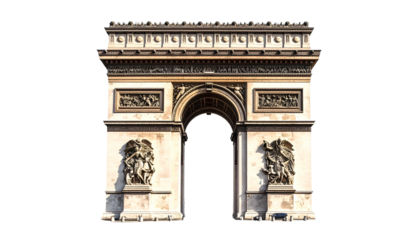 A grand, stone arch with intricate carvings, a monument against a stark black backdrop