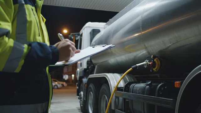 Worker in reflective jacket checks fuel delivery details at night, focusing on tanker truck and equipment, showcasing operational efficiency and safety measures
