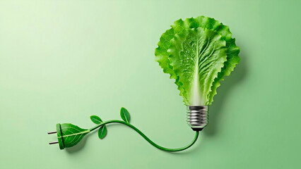 Eco-friendly light bulb composed of fresh vegetables and green cable for the concept of Sustainable energy.