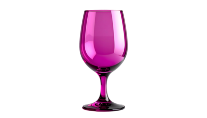 A singular, lustrous magenta wine glass stands prominently against a stark, black background, showcasing its reflective surface and graceful form