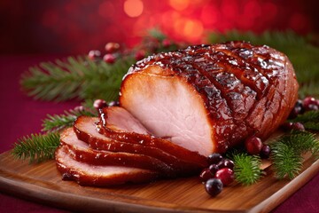 Festive holiday glazed ham, partially sliced, with cranberries and greens