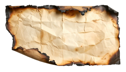 Crumpled rectangular parchment with scorched edges against a black backdrop