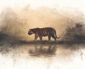 A tiger is walking through a forest near a body of water