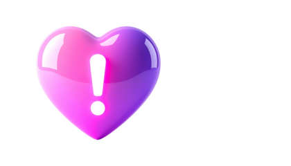 A 3D rendered, glossy heart shape transitions from vibrant pink to purple. Centered, an exclamation mark adds emphasis against a black background