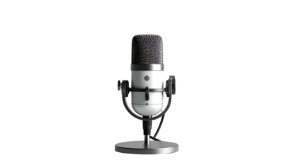 A studio microphone, primarily white with a silver stand, and a black backdrop, illuminated, rendering an isolated setup