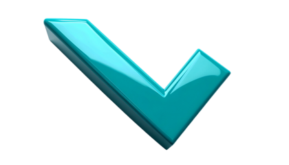 A 3D rendered, shiny teal colored check mark, slightly angled with a gloss finish against a black background