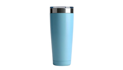 A tall, cylindrical tumbler in a soft blue hue, with a silver rim and a transparent, protective lid. It sits against a black background