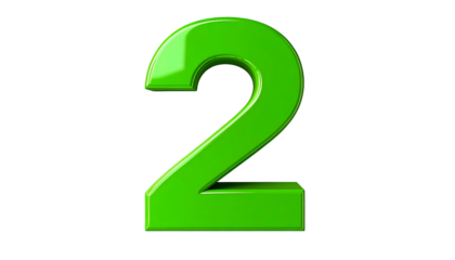 A 3D rendered, vibrant green numeral "2" is shown against a stark black backdrop, creating a simple yet striking visual