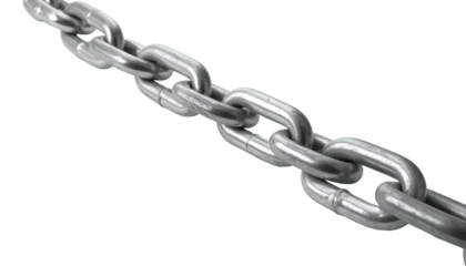 A close-up shot of a metallic chain with intertwined links. The chain is rendered in grayscale against a solid black background