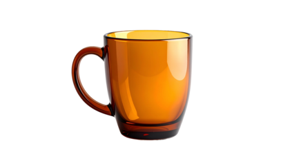 A transparent, amber-colored mug sits isolated against a black background. Its handle curves gracefully. The interior of the mug is lighter