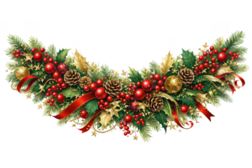 Christmas garland on transparent background, evergreen pine swag with holly berries, red ribbons and ornaments, festive winter decoration for greeting cards and banners
