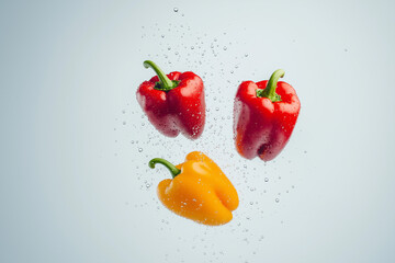 Fresh red and yellow bell peppers floating in water, capturing motion, freshness, and healthy food concepts