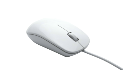 A close-up view presents a pristine white computer mouse with a scroll wheel and cord against a stark black background