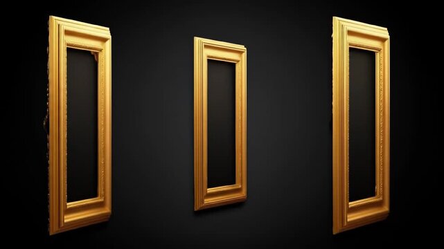 Three ornate golden picture frames displayed vertically against a dark background.