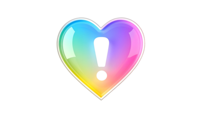 A vibrant, glossy heart shape with a rainbow gradient fills the interior. A white exclamation point adds a focal element against a pure black background