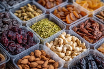 A variety of nuts and dried fruits are displayed in plastic containers