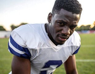 Close-up of a football player in a jersey with blue accents. The athlete looks weary but determined, on a blurred green field