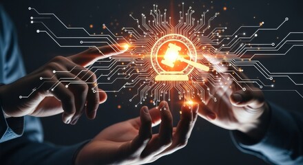 Digital justice and legal technology concept with gavel icon on circuit board