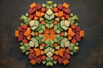 Colorful geometric pattern of cubed vegetables and fruits arranged artistically