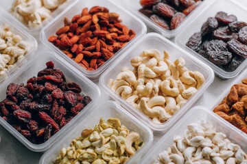 A variety of nuts and dried fruits are displayed in clear plastic containers