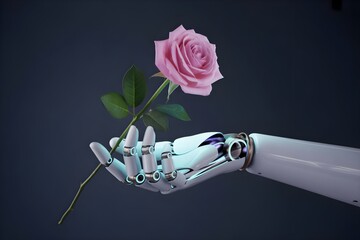 A robot hand holding a rose with dark background , robot with rose