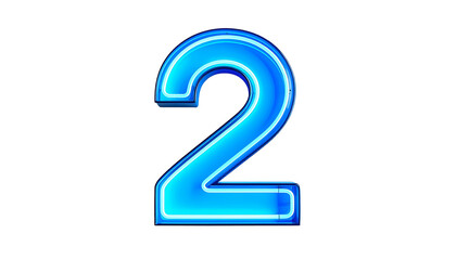A vibrant, neon blue digit '2' with a black background. The number has a glowing, futuristic appearance
