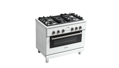 A white kitchen appliance featuring a cooktop with burners and an oven, set against a transparent background. It presents a detailed, clean look