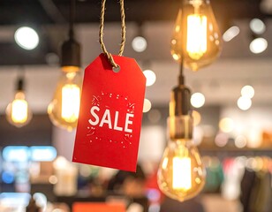 Close-up of a red rectangular tag with "SALE" printed in white, hanging from twine, and illuminated by a vintage light fixture