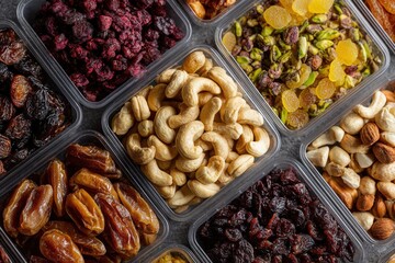 A variety of nuts and dried fruit are displayed in plastic containers