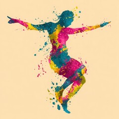 A woman in a colorful dress is jumping in the air