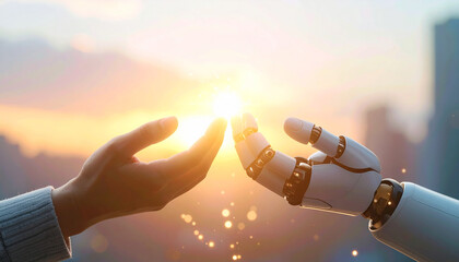 Human and Robot Interaction: An evocative scene, a human hand gently reaches out to touch a robotic counterpart, silhouetted against a radiant sunset, exploring the blend of human and machine. 