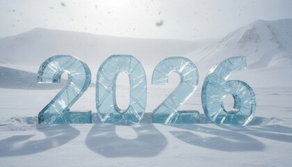Ice sculpted 2026 numbers in pristine snowy landscape with falling snow
