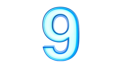 Digit "9" against a black background. It is a light blue, with a white inner glow, and a darker blue outline