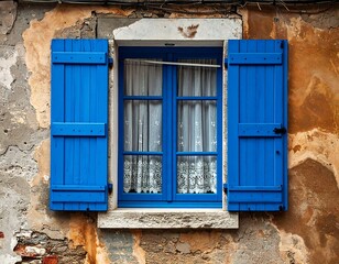 Close-up of a vibrant blue window and shutters on a weathered wall. The window's glass reveals lace curtains