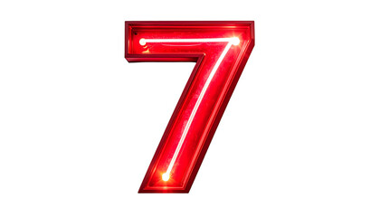 Illuminated number seven, rendered in vibrant red neon, against a stark black background, emphasizing its digital aesthetic