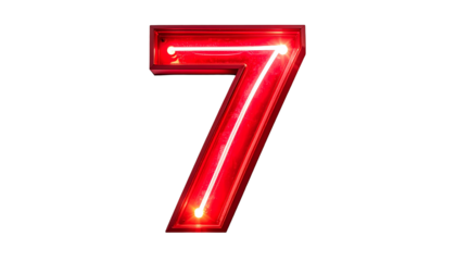 Illuminated number seven, rendered in vibrant red neon, against a stark black background, emphasizing its digital aesthetic