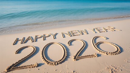 Happy New Year 2026 written in sand on a beautiful beach with ocean waves
