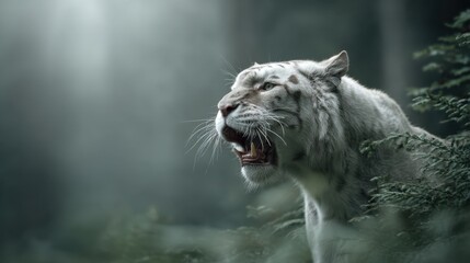 Naklejka premium Majestic White Tiger Roaring in a Misty Forest Setting Captures the Essence of Wild Beauty and Power in Nature