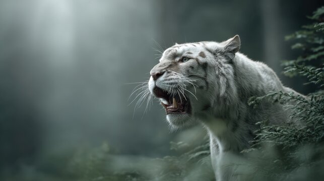 Majestic White Tiger Roaring in a Misty Forest Setting Captures the Essence of Wild Beauty and Power in Nature