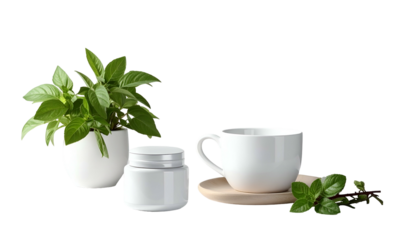 Still life composition with herbal elements and a ceramic cup against a black backdrop