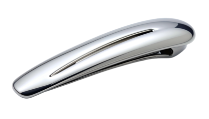 Sleek, metallic object with a curved design, showcasing a polished, reflective surface and a linear indent