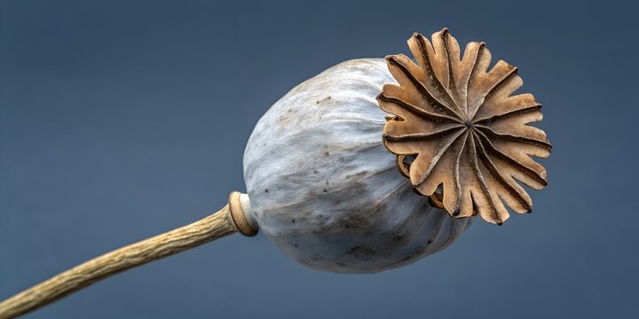 Dried poppy head seed pod on long stem against dark blue background macro architectural view of botanical structure and texture