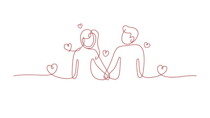 Romantic Embrace: A simple, elegant line drawing captures a couple, their hands clasped, surrounded by delicate hearts, representing connection and enduring love. 
