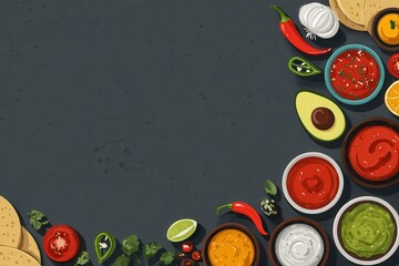 A colorful array of Mexican food including guacamole, salsa, and sour cream