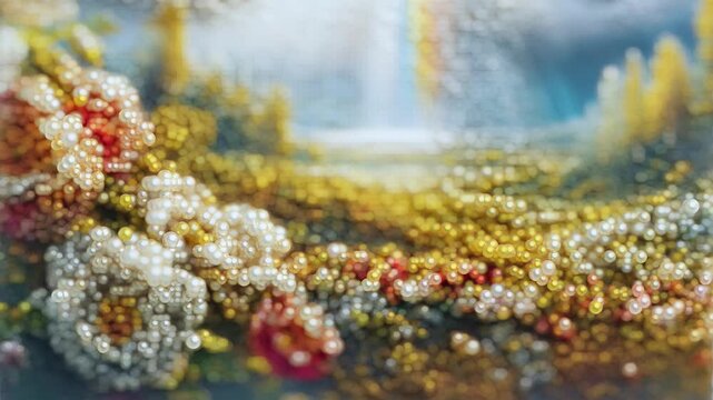 abstract organic flower field animation with flowing wave motion, procedural beads, seamless loop background