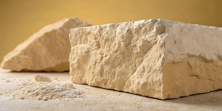 Two large rough blocks of light yellowish limestone or sandstone resting on dusty ground