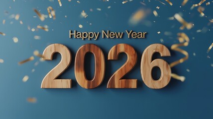 Happy New Year 2026 celebration with wooden numbers and gold confetti on blue background