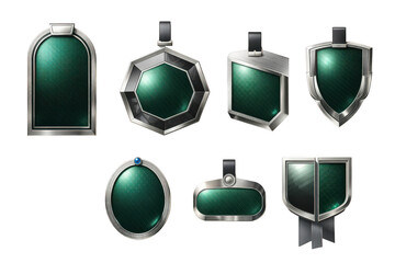 Green gemstone emblem set, silver metal frames, assorted shield and badge shapes, glossy emerald glass icons, luxury UI award label collection isolated on transparent background  
